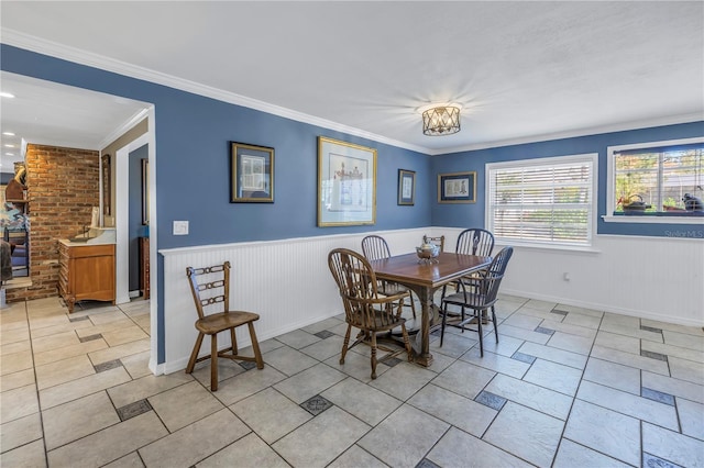 tiled dining space with crown molding