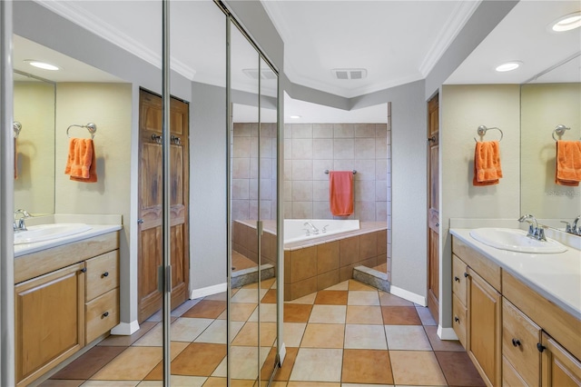 bathroom featuring tile patterned floors, ornamental molding, plus walk in shower, and vanity