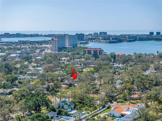 bird's eye view with a water view