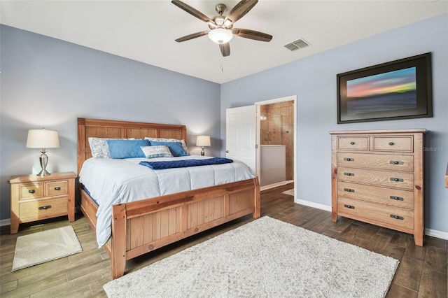 bedroom with ceiling fan and dark hardwood / wood-style flooring