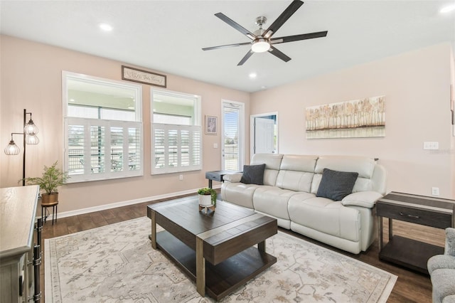 living room with ceiling fan and wood-type flooring