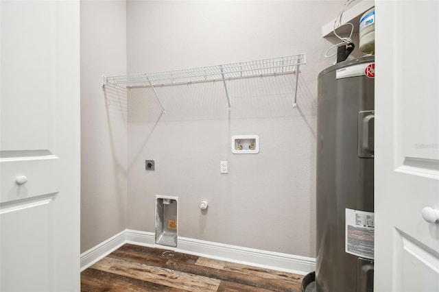 washroom featuring washer hookup, hookup for a gas dryer, dark hardwood / wood-style floors, and electric water heater