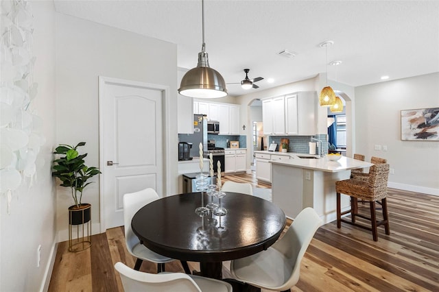 dining space featuring sink and wood-type flooring