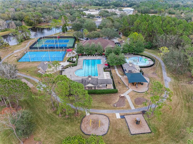 drone / aerial view with a water view