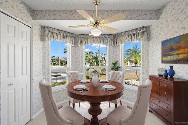 dining room featuring ceiling fan and a textured ceiling