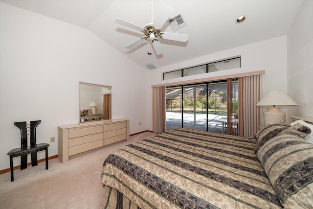 bedroom with ceiling fan, high vaulted ceiling, light carpet, and access to outside