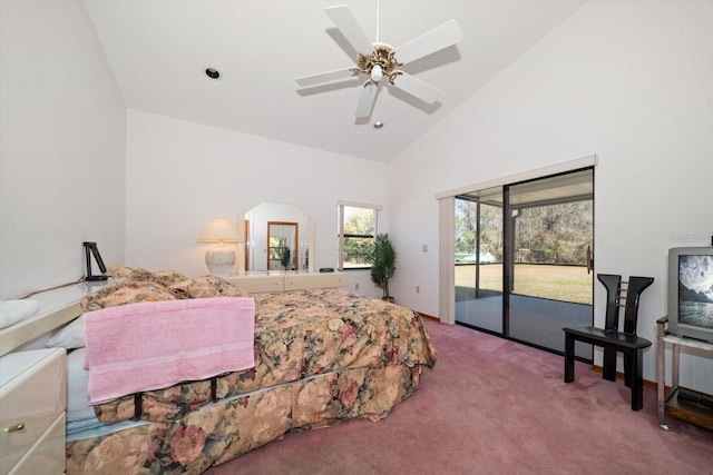 bedroom featuring ceiling fan, access to exterior, high vaulted ceiling, and carpet