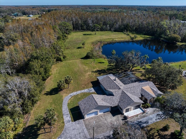 bird's eye view with a water view