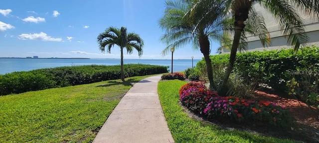 view of home's community featuring a water view and a yard