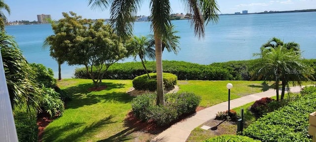 view of community with a water view and a yard