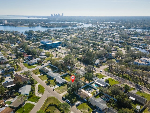 drone / aerial view featuring a water view