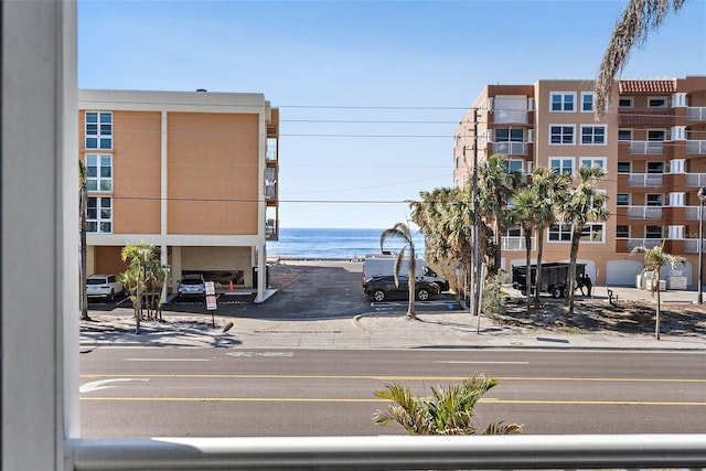 view of street with a water view