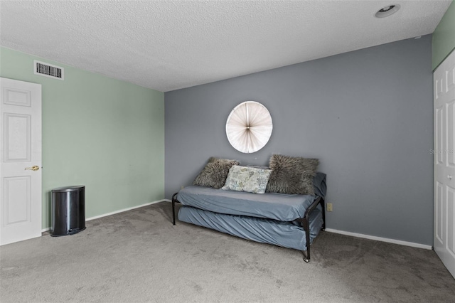 living area with carpet floors and a textured ceiling