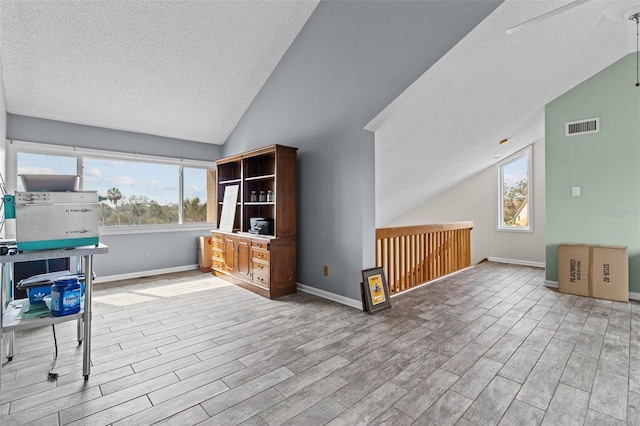 interior space featuring light hardwood / wood-style flooring, vaulted ceiling, a textured ceiling, and plenty of natural light