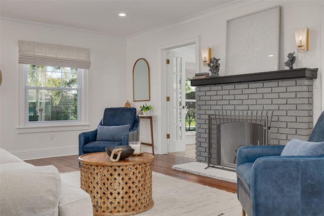 living room featuring crown molding, wood-type flooring, and a fireplace