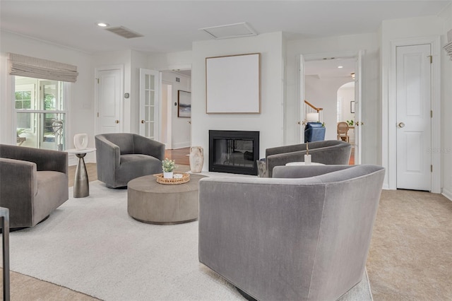 living room with light colored carpet