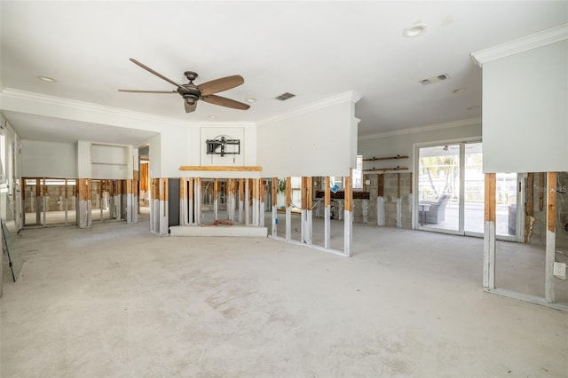 empty room with concrete flooring, crown molding, and ceiling fan