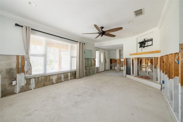 unfurnished living room featuring crown molding and ceiling fan