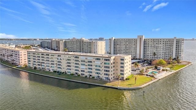 bird's eye view with a water view