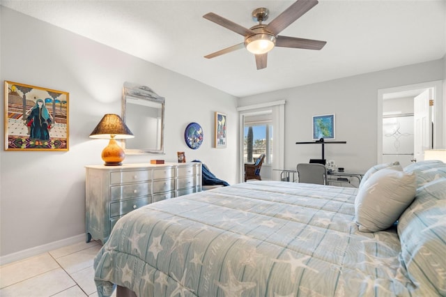 tiled bedroom with ceiling fan