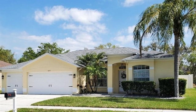 single story home with stucco siding, an attached garage, and driveway