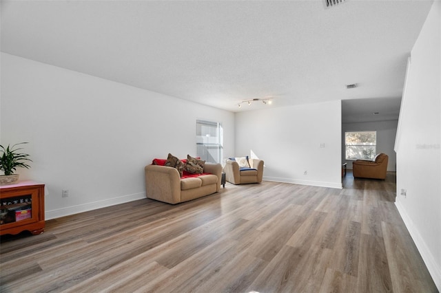 sitting room with light hardwood / wood-style floors and a textured ceiling