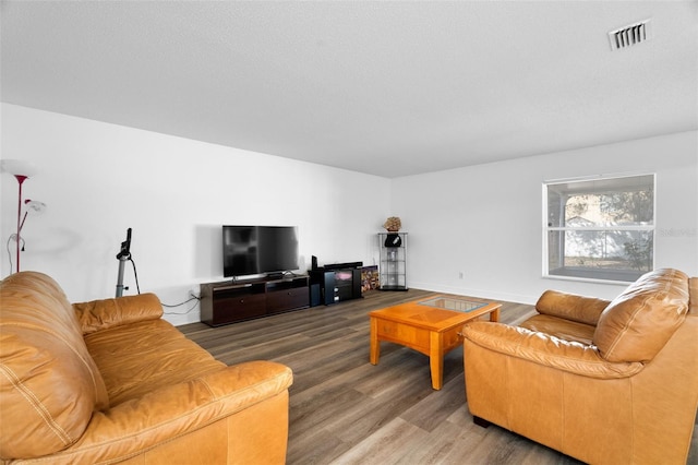 living room featuring wood-type flooring and a textured ceiling