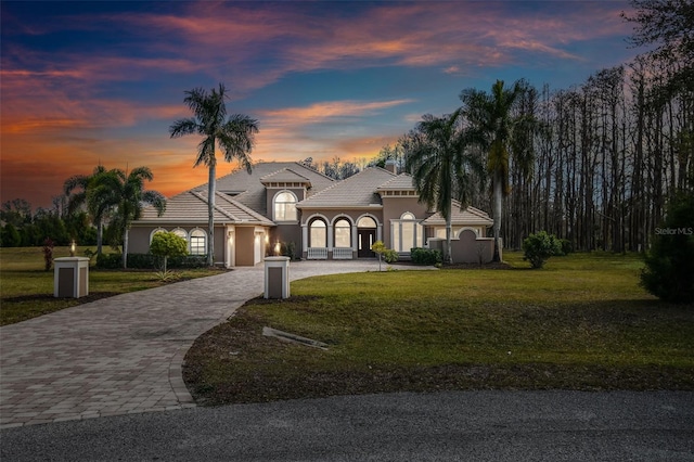 view of front of house with a garage and a yard