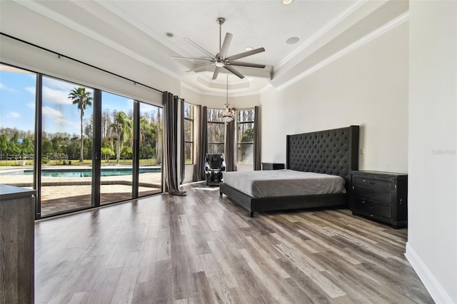 unfurnished bedroom featuring crown molding, hardwood / wood-style floors, access to exterior, and a tray ceiling