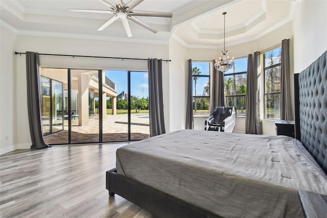 bedroom with multiple windows, access to exterior, a tray ceiling, and light wood-type flooring