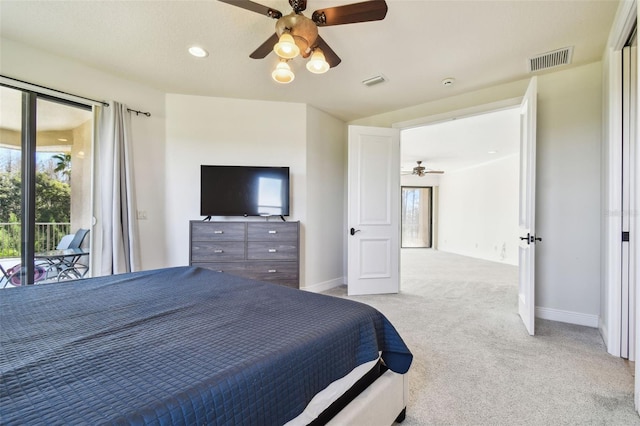 carpeted bedroom with access to exterior and ceiling fan