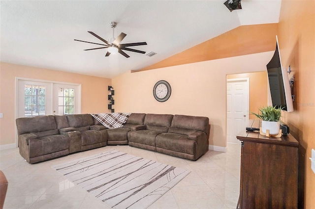 tiled living room featuring vaulted ceiling and ceiling fan