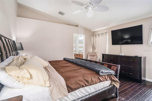 bedroom with ensuite bathroom, lofted ceiling, ceiling fan, and dark hardwood / wood-style flooring