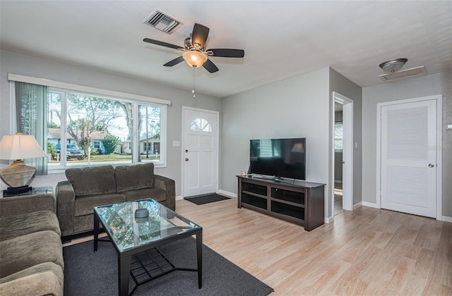 living room featuring ceiling fan and light hardwood / wood-style flooring