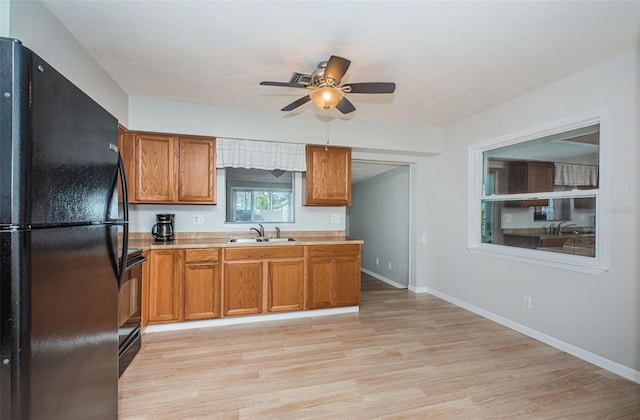 kitchen with sink, black appliances, ceiling fan, and light wood-type flooring