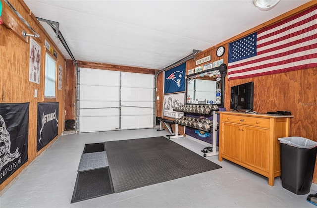 garage with wood walls