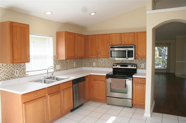 kitchen featuring vaulted ceiling, stainless steel appliances, sink, and plenty of natural light