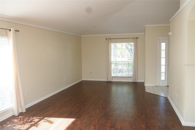 empty room featuring ornamental molding and dark hardwood / wood-style flooring