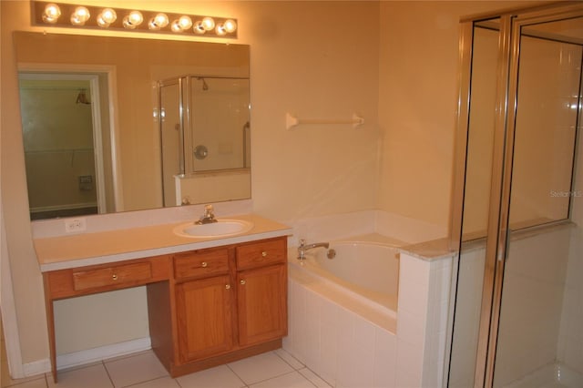 bathroom with vanity, separate shower and tub, and tile patterned floors