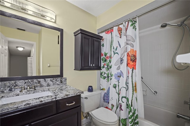 full bathroom with vanity, toilet, and shower / bath combo with shower curtain