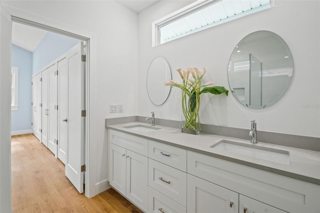 bathroom with wood-type flooring and vanity