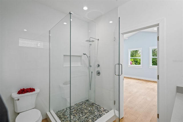 bathroom featuring walk in shower, toilet, and hardwood / wood-style floors