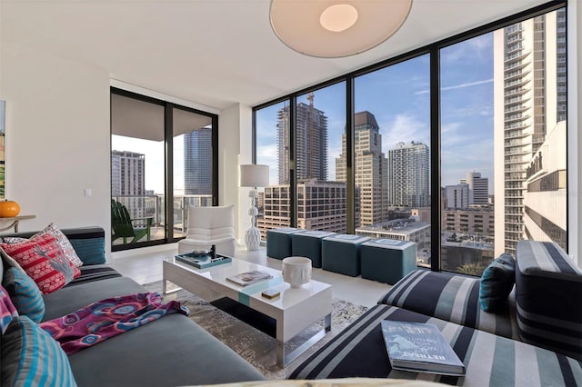 living room with floor to ceiling windows