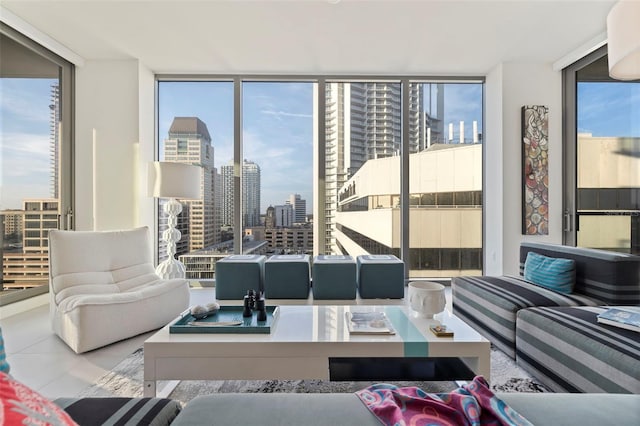 living room with floor to ceiling windows