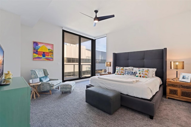 bedroom featuring ceiling fan, floor to ceiling windows, carpet flooring, and access to outside