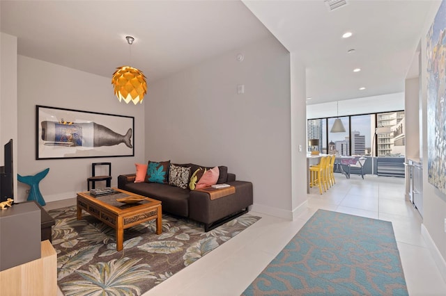 living room featuring light tile patterned floors