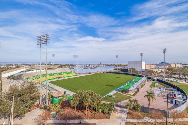 birds eye view of property featuring a water view