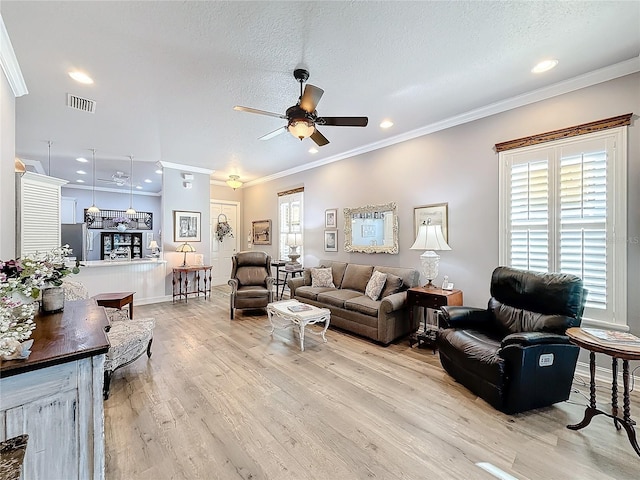 living room featuring crown molding, plenty of natural light, light hardwood / wood-style flooring, and a textured ceiling