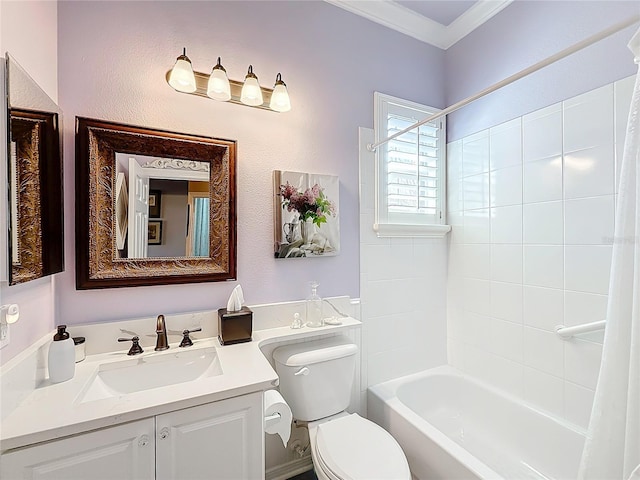 full bathroom featuring crown molding, tiled shower / bath, vanity, and toilet