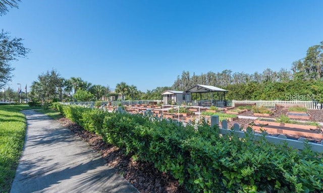 view of community featuring fence and a vegetable garden
